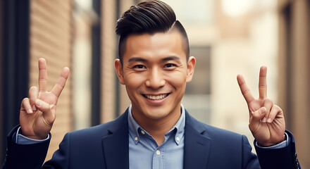 Smiling Asian Man in Business Attire Displays Peace Sign with a Confident Expression