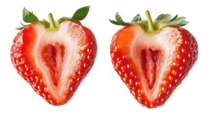 Two strawberry halves isolated on transparent background, showing the juicy flesh