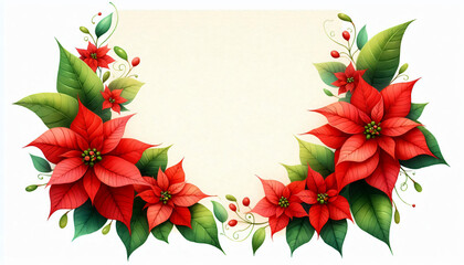 Watercolor poinsettia flowers on corners, cream space for greeting.