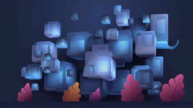 Abstract 3D rendering of floating cube shapes and stylized leaves on a dark backdrop. The cubes appear to glow with a soft, ethereal light, hinting at a sense of technology and futuristic design. 