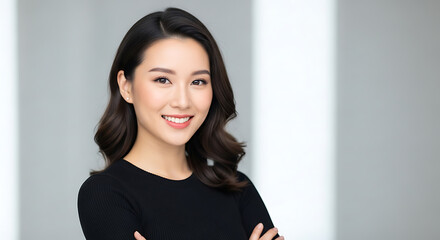 Portrait of a radiant young Asian professional woman with a confident smile, embodying success and approachability in a modern, bright corporate setting