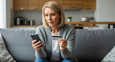 Worried woman using mobile phone with credit card at home for online shopping or banking transaction.jpg