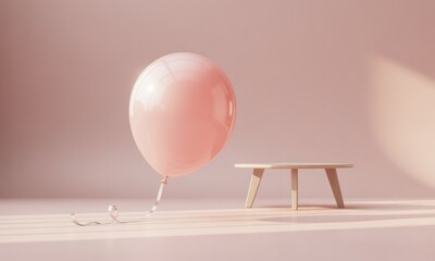 Soft pink balloon floating above a small table in a minimalist setting