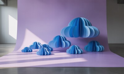Soft, pastel-purple studio with floating, layered,  blue clouds