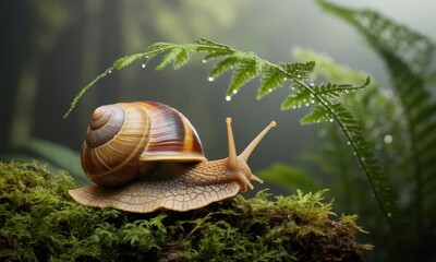 Snail on mossy forest floor