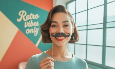 Smiling woman with a paper mustache, retro style