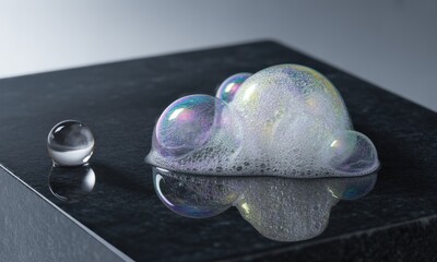 Soap suds, iridescent bubbles on dark surface, with a clear sphere