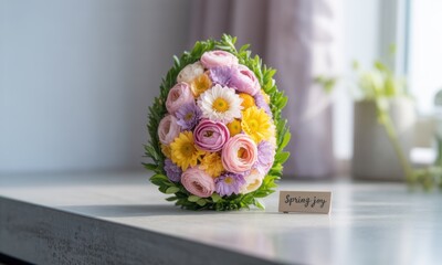 Spring floral arrangement in egg shape.  Pastel colored flowers, greenery, light background.  Small wooden tag with "Spring Joy