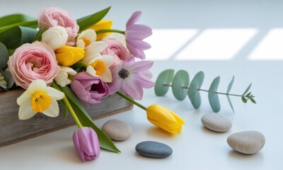 Spring floral arrangement in light wooden box