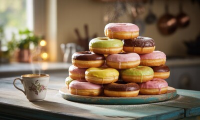 Stacked colorful donuts on a rustic wooden table.  A steaming teacup sits beside a tiered pyramid of glazed donuts in pastel and brown colors