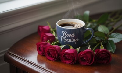Steaming coffee cup with "Good Morning" message surrounded by red roses on a wooden table near a window