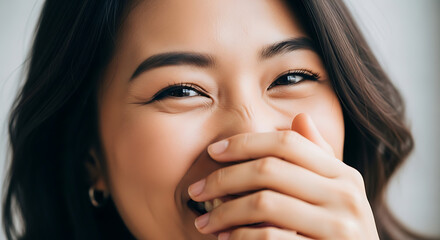 A Joyful Asian Woman Laughing and Covering Her Mouth with Her Hand, Conveying Happiness and Amusement