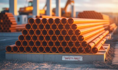 Stacks of orange pipes on a construction site at sunset