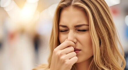Woman Holding Her Nose Shut Due to a Disgusting Smell in a Public Space Exploring the Discomfort of .jpg