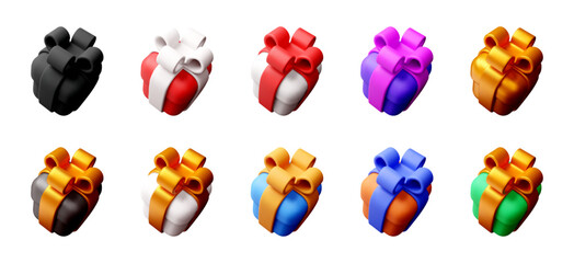 Set of colorful 3d icon gift box with bow. Render sweet present for holiday banner, app, web, social network. Love surprise for sale and promotion. Vector illustration