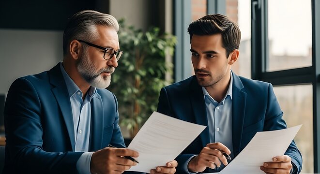 Two Businessmen Reviewing Documents in Office Setting Engaged in Conversation and Collaboration whil.jpg