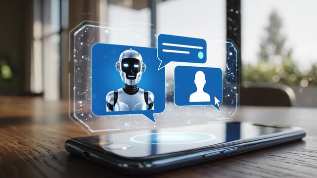 The image shows a smartphone lying on a wooden surface. A visualization of the chat interface with artificial intelligence, made in the form of a transparent rectangle with rounded corners, hovers ove