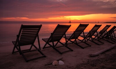 Sunset beach chairs on sandy shore