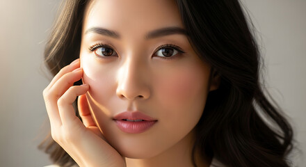 Portrait of a beautiful Asian woman gazing serenely at the camera with a gentle touch
