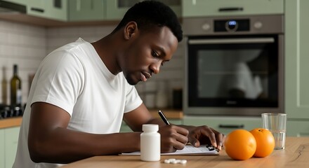 Man in white tshirt at kitchen table reviews health and wellness information writes with pen orange .jpg