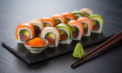Sushi rolls arranged on slate plate.  Fresh, colorful rolls with rice, fish, and avocado.  Small bowl of red tobiko.  Chopsticks beside