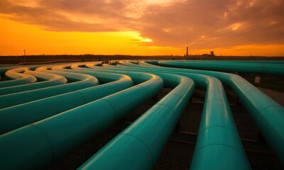 Teal pipeline network at sunset.  Industrial landscape of curved pipes