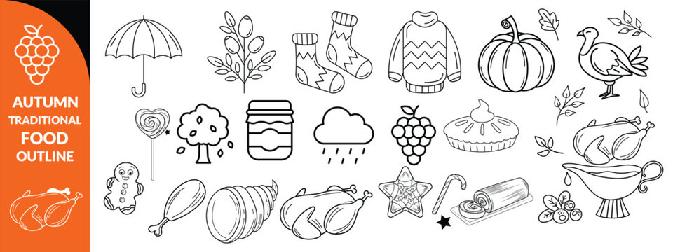 Autumn traditional food icon, thanksgiving day holiday table hand drawn doodle line illustration set. Harvest fall pumpkin, celebration turkey, dessert pie, November eatery design element.  big set 