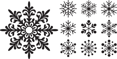 Set of Various Stylized Snowflakes on Transparent Background with Diverse Geometric Shapes and Symmetrical Patterns Isolated