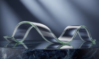 Translucent ribbon, glassy, abstract form, on dark marble pedestal