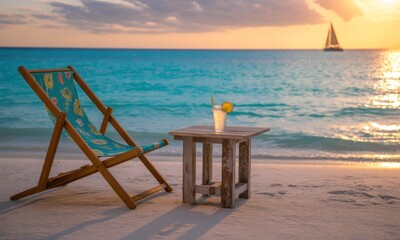 Tropical beach scene at sunset with a drink