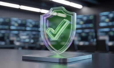 Transparent shield graphic with check mark, sits on a platform,  in a modern control room setting