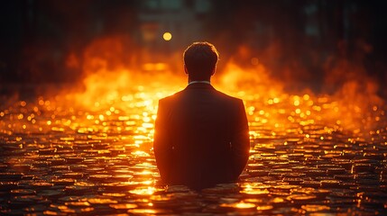 Contemplative figure amidst glowing objects
