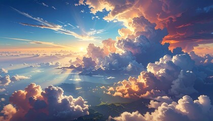 A vibrant sunrise above a vast cloudscape. Sunlight bursts through the clouds, illuminating a world below