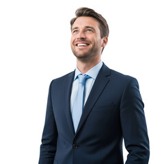 Confident businessman beaming with optimism, looking upward for future success and opportunities