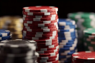  Close-up of chips stacked for high stakes poker, casino vibe. High quality photo