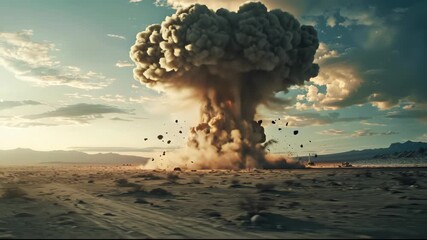 A massive mushroom cloud rises from a powerful nuclear explosion in a desolate desert landscape under a dramatic sky. - Powered by Adobe