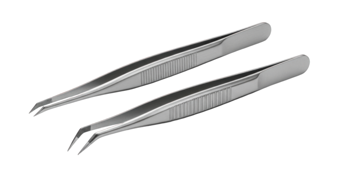 Two stainless steel tweezers isolated on white background close up.