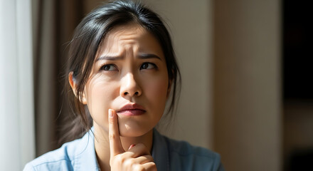 A young Asian woman is deep in thought, furrowing her brow and touching her chin with her finger, contemplating a difficult decision