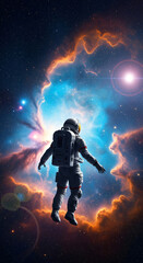 An astronaut from behind looking at a vibrant, colorful cosmic nebula in deep space.