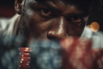  Player concentrating at poker table, intense focus, casino vibe. High quality photo