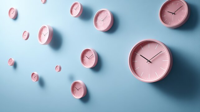 Modern pastel clocks on blue wall showcase time management and deadlines, perfect for corporate communications and productivity strategies
