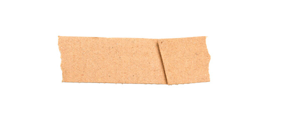 Torn kraft paper strip isolated on white background, rough textured brown cardboard piece for crafts, collage, scrapbooking, labeling, journaling