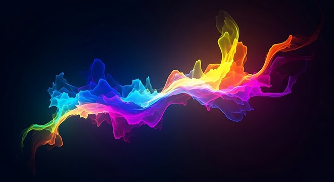 Spectacular Digital Visualization of Waving Neon Colors and Glowing Energy Flowing Horizontally Across a Deep Dark Background Creating a Modern Abstract Rainbow Waveform Design
