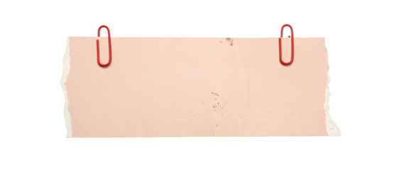 Torn pastel pink paper sheet with a yellow paperclip isolated on a transparent background, 