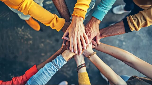 Diverse group of people putting their hands together in a circle, symbolizing unity, teamwork, and collaboration from a top-down perspective.