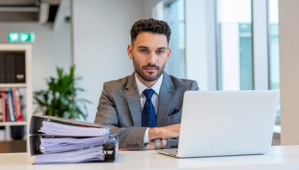 Fototapeta premium A handsome, serious businessmanlawyer sits at a desk with a laptop and a large stack of physical files