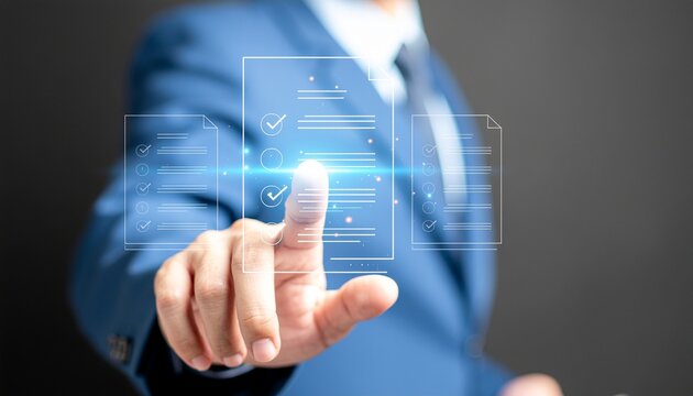 A hand in a suit points to a virtual checklist for business goal accomplishment.