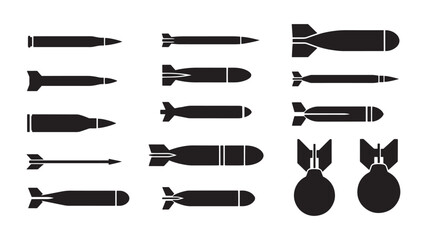 Set of warhead icons black silhouette vector illustration of bombs and missiles isolated on white background