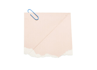 Torn pastel pink paper sheet with a yellow paperclip isolated on a transparent background, 