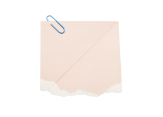 Torn pastel pink paper sheet with a yellow paperclip isolated on a transparent background, 